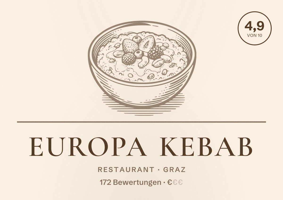 Illustriertes Poster von Europa Kebab, Restaurant in Graz: Bewertung 4,9 von 10 aus 172 Bewertungen, Preisniveau €