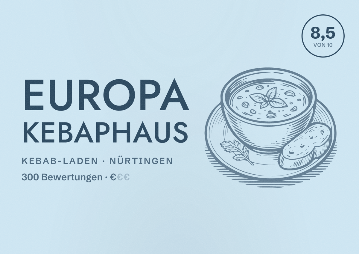 Illustriertes Poster von Europa Kebaphaus, Kebab-Laden in Nürtingen: Bewertung 8,5 von 10 aus 300 Bewertungen, Preisniveau €