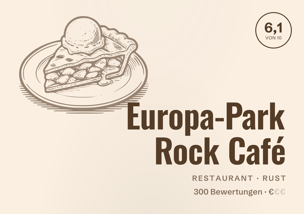 Illustriertes Poster von Europa-Park Rock Café, Restaurant in Rust: Bewertung 6,1 von 10 aus 300 Bewertungen, Preisniveau €