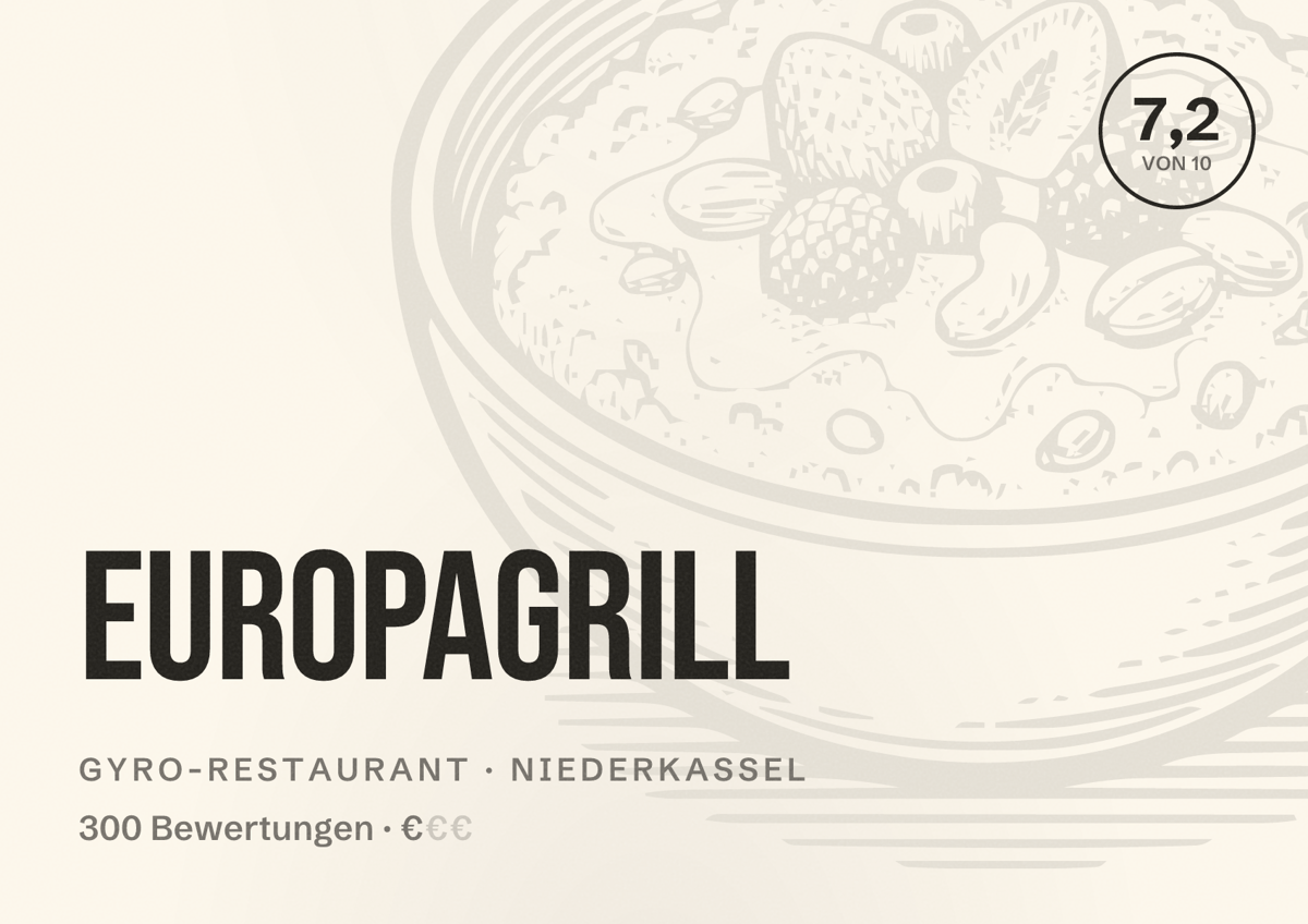 Illustriertes Poster von Europagrill, Gyro-Restaurant in Niederkassel: Bewertung 7,2 von 10 aus 300 Bewertungen, Preisniveau €