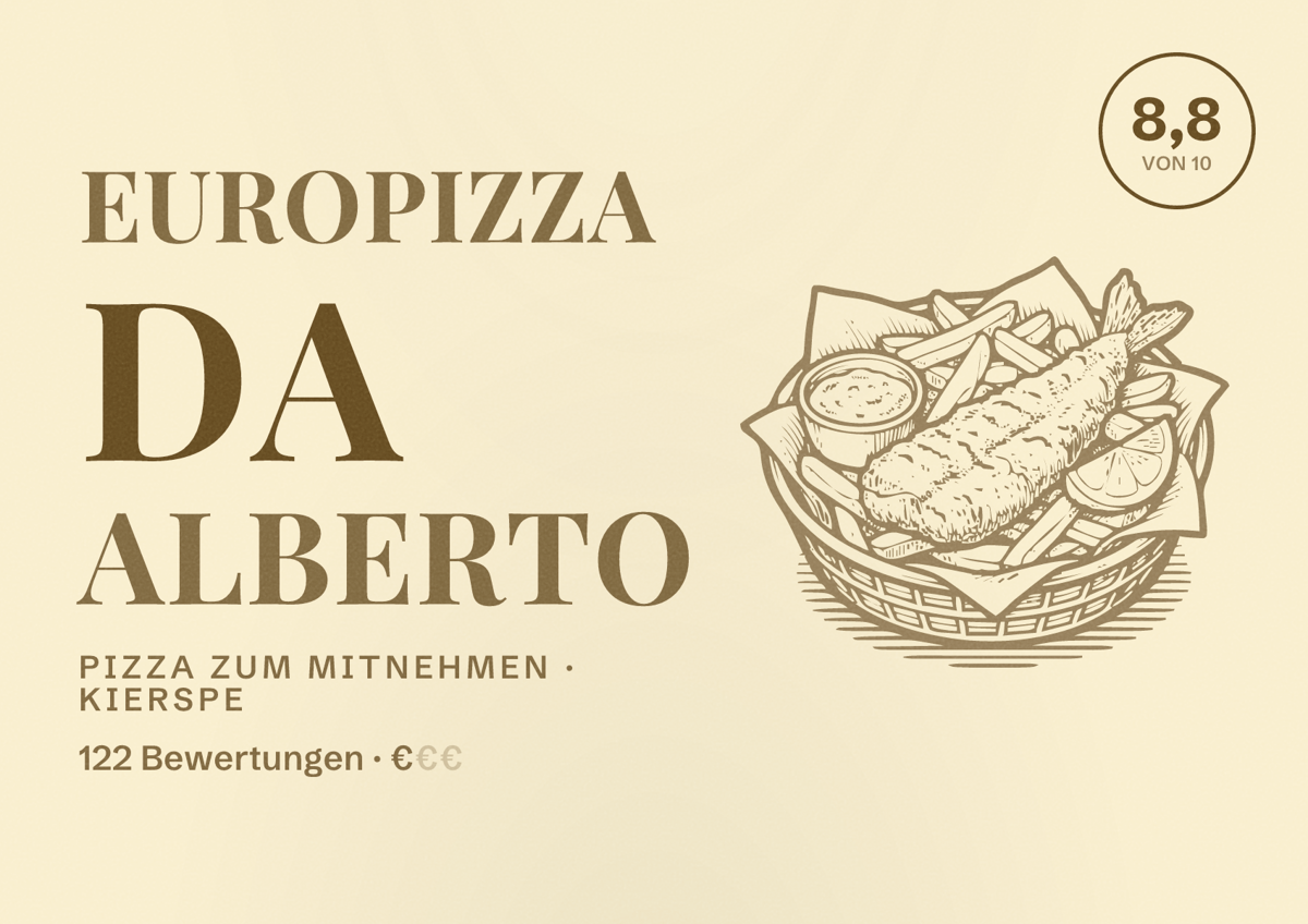 Illustriertes Poster von Europizza da Alberto, Pizza zum Mitnehmen in Kierspe: Bewertung 8,8 von 10 aus 122 Bewertungen, Preisniveau €