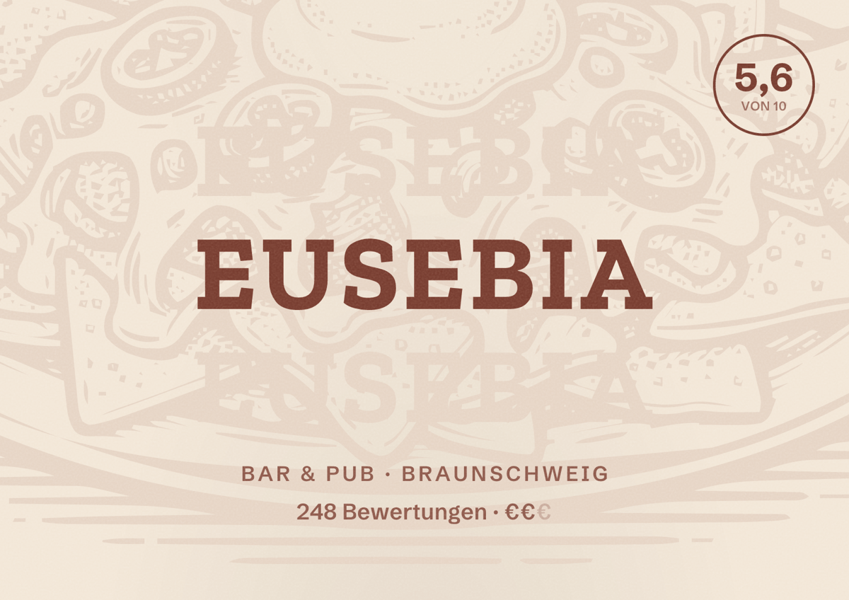 Illustriertes Poster von Eusebia, Bar & Pub in Braunschweig: Bewertung 5,6 von 10 aus 248 Bewertungen, Preisniveau €€