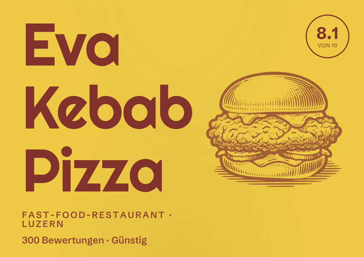 Illustriertes Poster von Eva Kebab Pizza, Fast-Food-Restaurant in Luzern: Bewertung 8.1 von 10 aus 300 Bewertungen, Preisniveau Günstig