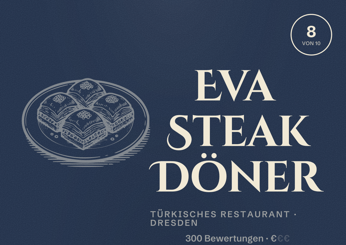 Illustriertes Poster von Eva Steak Döner, Türkisches Restaurant in Dresden: Bewertung 8 von 10 aus 300 Bewertungen, Preisniveau €