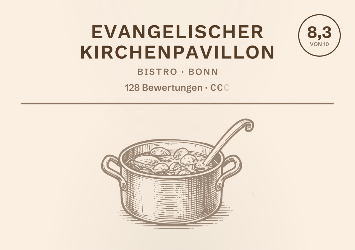 Illustriertes Poster von Evangelischer Kirchenpavillon, Bistro in Bonn: Bewertung 8,3 von 10 aus 128 Bewertungen, Preisniveau €€