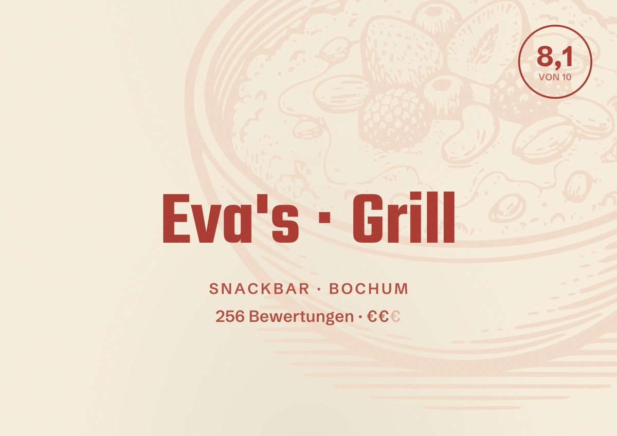 Illustriertes Poster von Eva's Grill, Snackbar in Bochum: Bewertung 8,1 von 10 aus 256 Bewertungen, Preisniveau €€