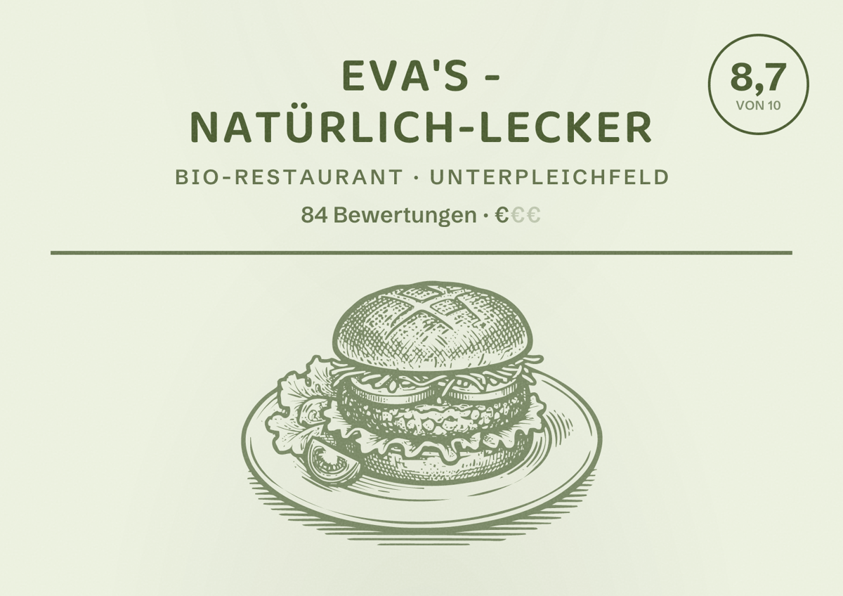 Illustriertes Poster von eva's - natürlich-lecker, Bio-Restaurant in Unterpleichfeld: Bewertung 8,7 von 10 aus 84 Bewertungen, Preisniveau €