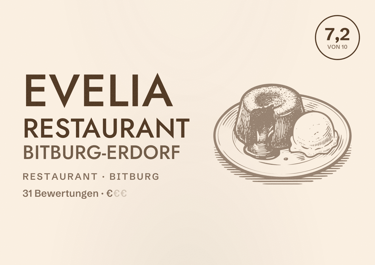 Illustriertes Poster von Evelia Restaurant Bitburg-Erdorf, Restaurant in Bitburg: Bewertung 7,2 von 10 aus 31 Bewertungen, Preisniveau €