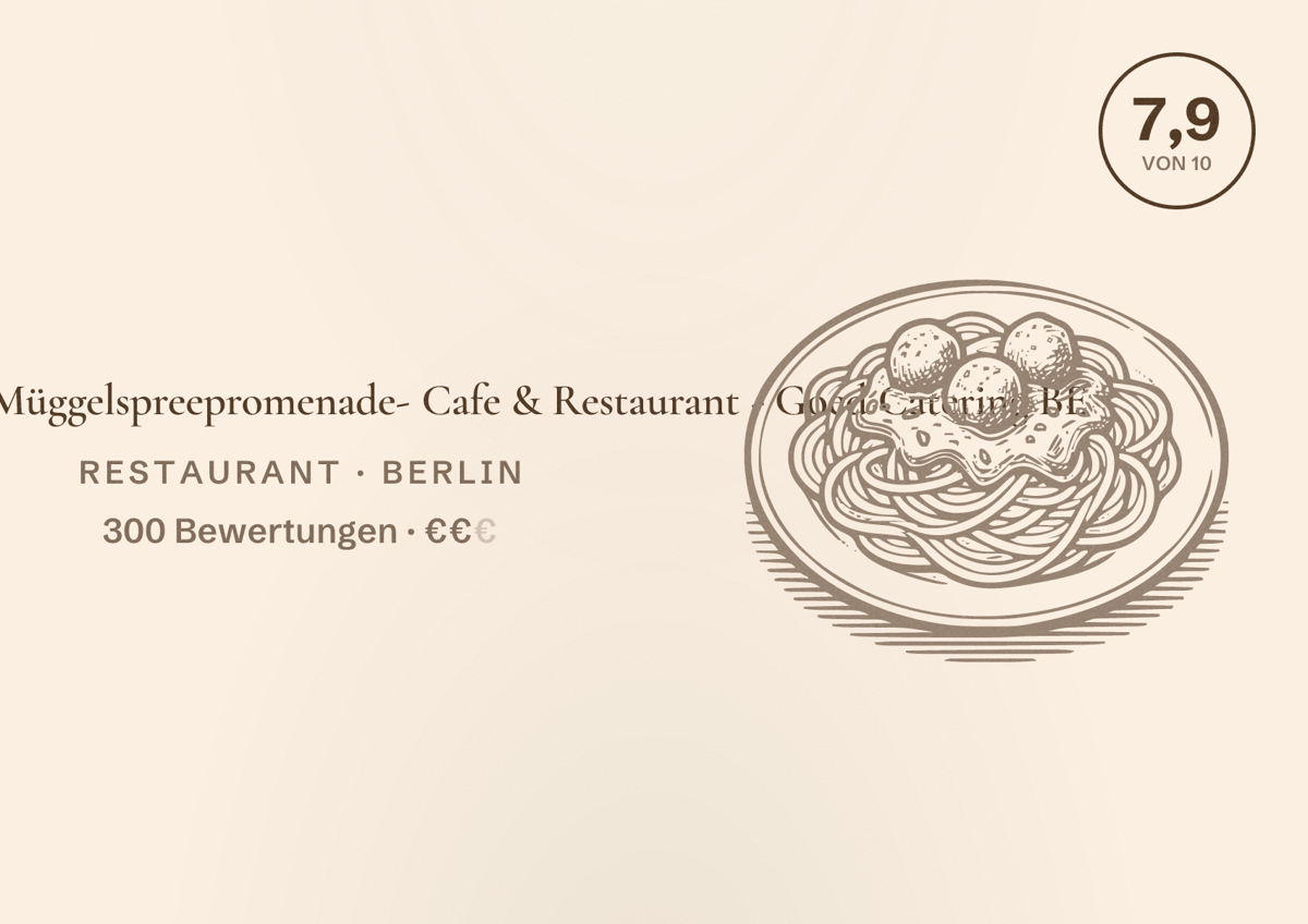 Illustriertes Poster von Evelin’s an der Müggelspreepromenade- Cafe & Restaurant - Goed Catering BE, Restaurant in Berlin: Bewertung 7,9 von 10 aus 300 Bewertungen, Preisniveau €€