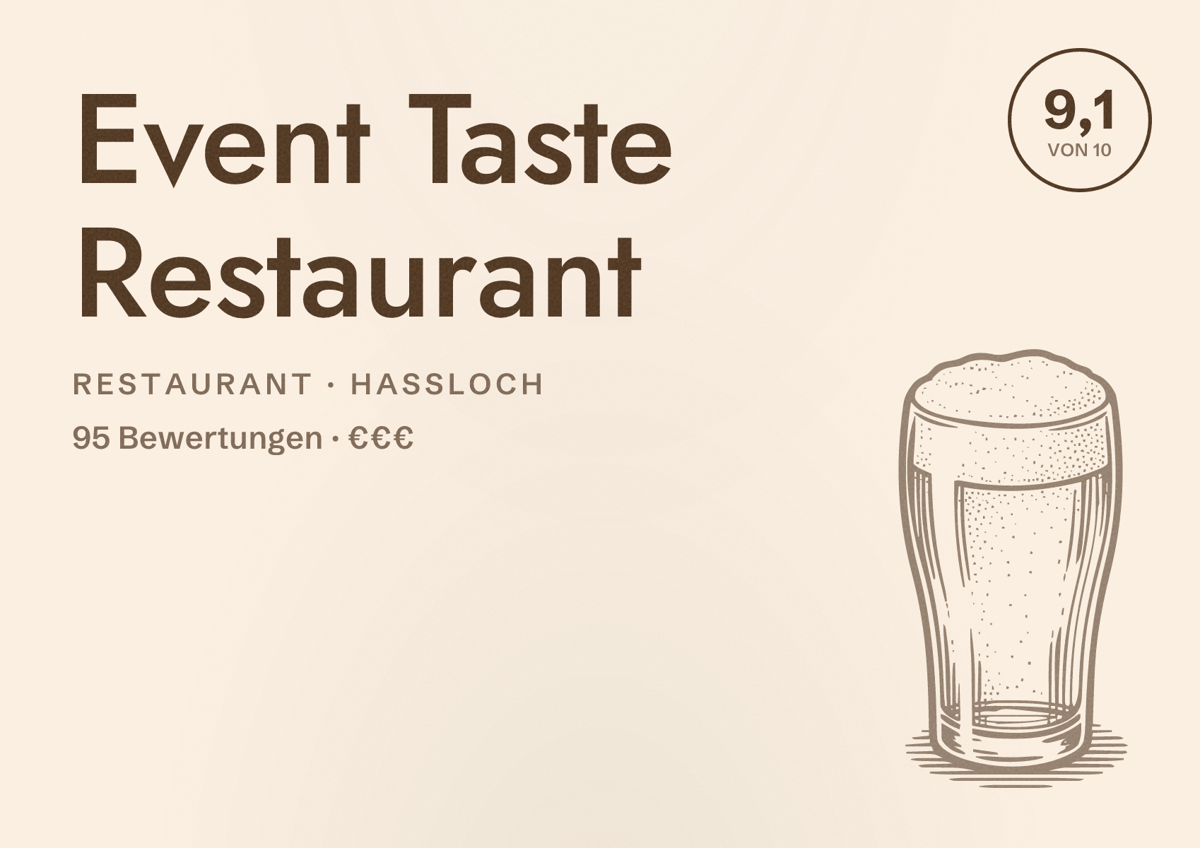 Illustriertes Poster von Event Taste Restaurant, Restaurant in Haßloch: Bewertung 9,1 von 10 aus 95 Bewertungen, Preisniveau €€€