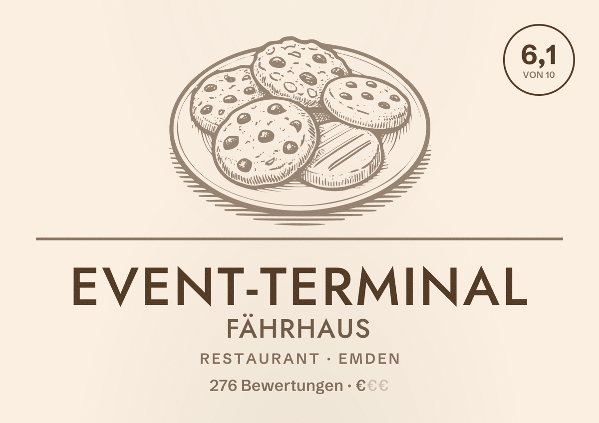 Illustriertes Poster von Event-Terminal Fährhaus, Restaurant in Emden: Bewertung 6,1 von 10 aus 276 Bewertungen, Preisniveau €