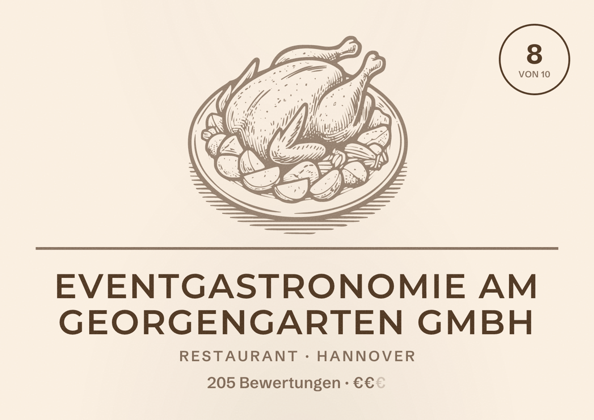 Illustriertes Poster von Eventgastronomie am Georgengarten GmbH, Restaurant in Hannover: Bewertung 8 von 10 aus 205 Bewertungen, Preisniveau €€