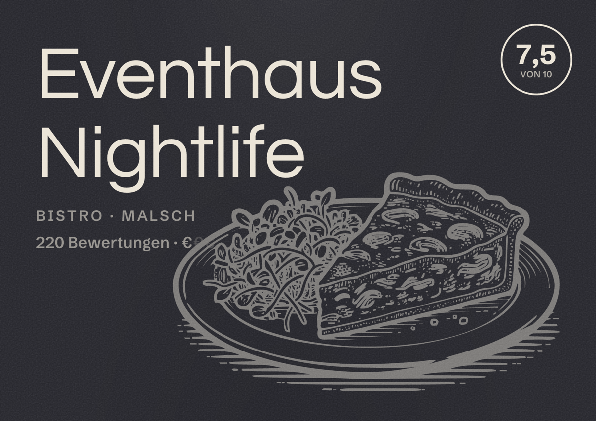 Illustriertes Poster von Eventhaus Nightlife, Bistro in Malsch: Bewertung 7,5 von 10 aus 220 Bewertungen, Preisniveau €