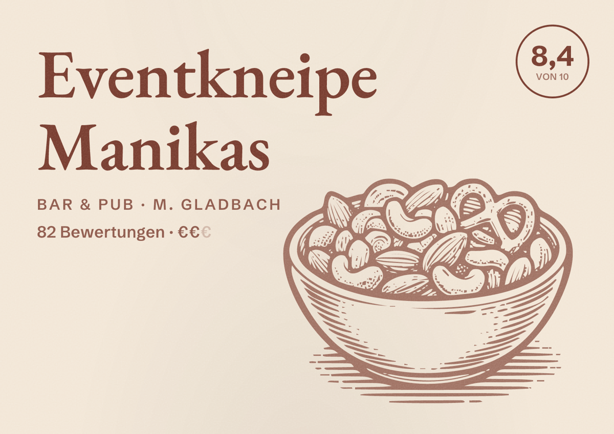 Illustriertes Poster von Eventkneipe Manikas, Bar & Pub in M. Gladbach: Bewertung 8,4 von 10 aus 82 Bewertungen, Preisniveau €€