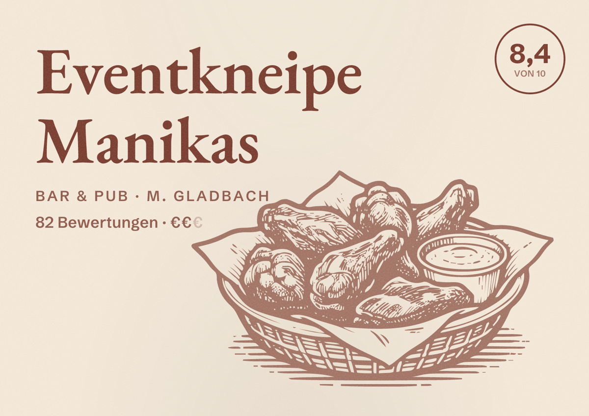 Illustriertes Poster von Eventkneipe Manikas, Bar & Pub in M. Gladbach: Bewertung 8,4 von 10 aus 82 Bewertungen, Preisniveau €€