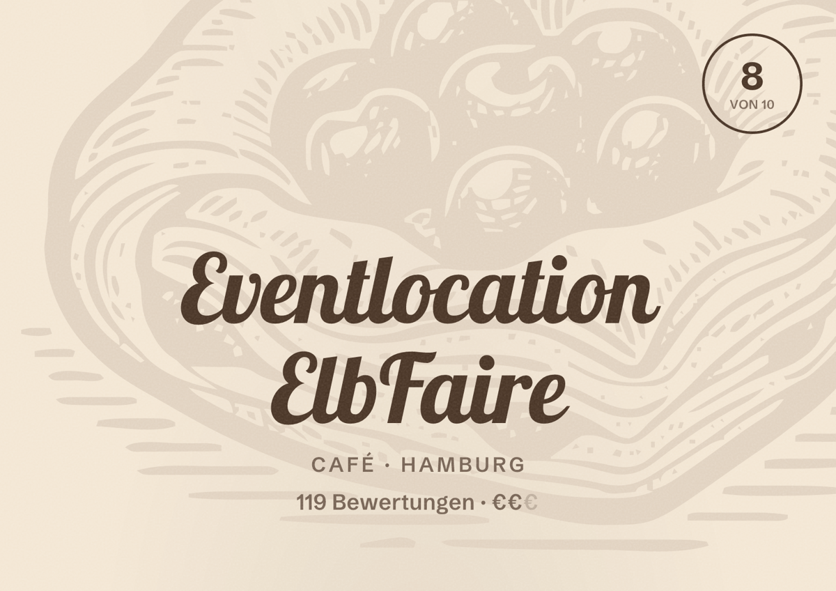 Illustriertes Poster von Eventlocation ElbFaire, Café in Hamburg: Bewertung 8,0 von 10 aus 119 Bewertungen, Preisniveau €€