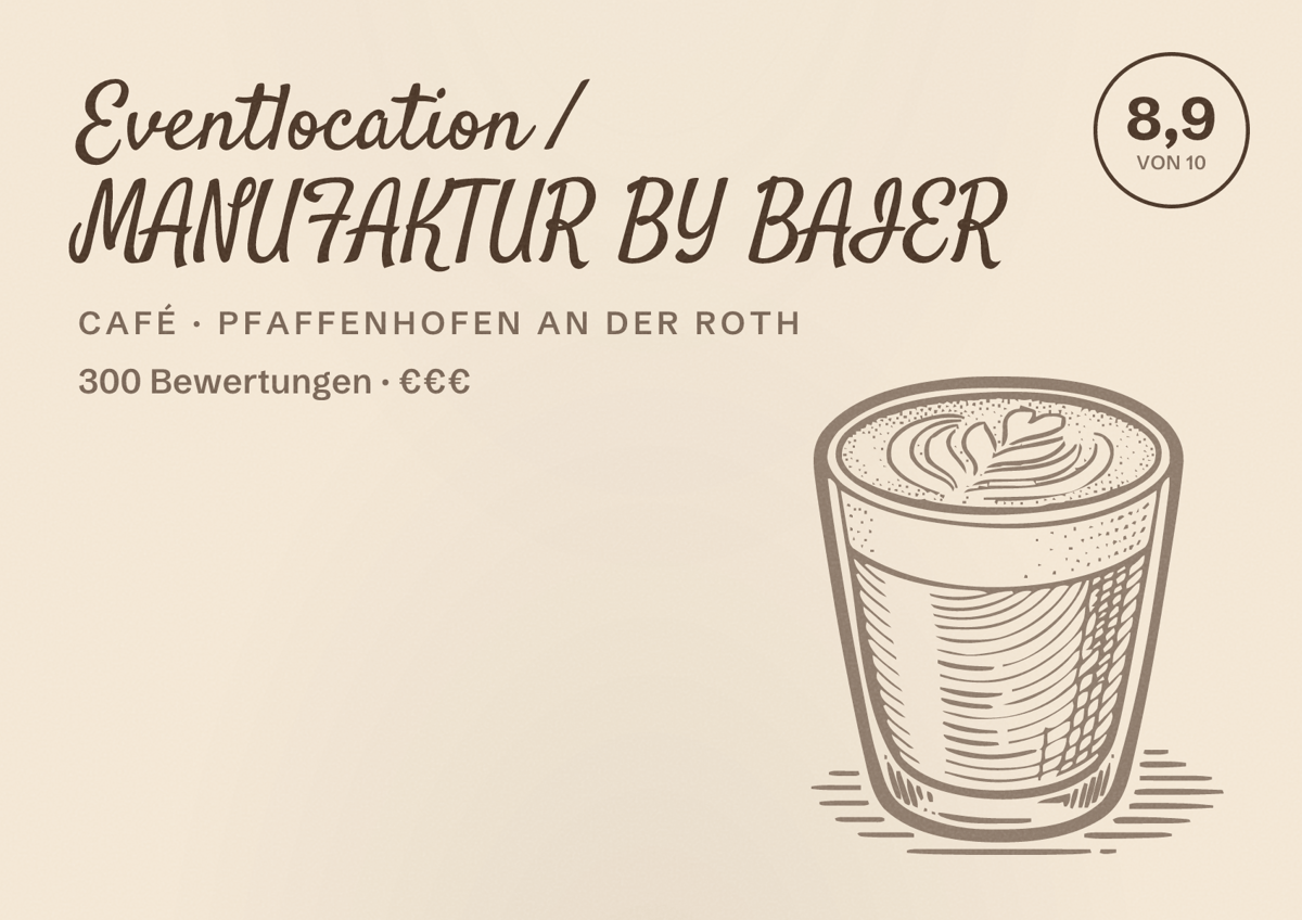 Illustriertes Poster von Eventlocation / MANUFAKTUR BY BAIER, Café in Pfaffenhofen an der Roth: Bewertung 8,9 von 10 aus 300 Bewertungen, Preisniveau €€€