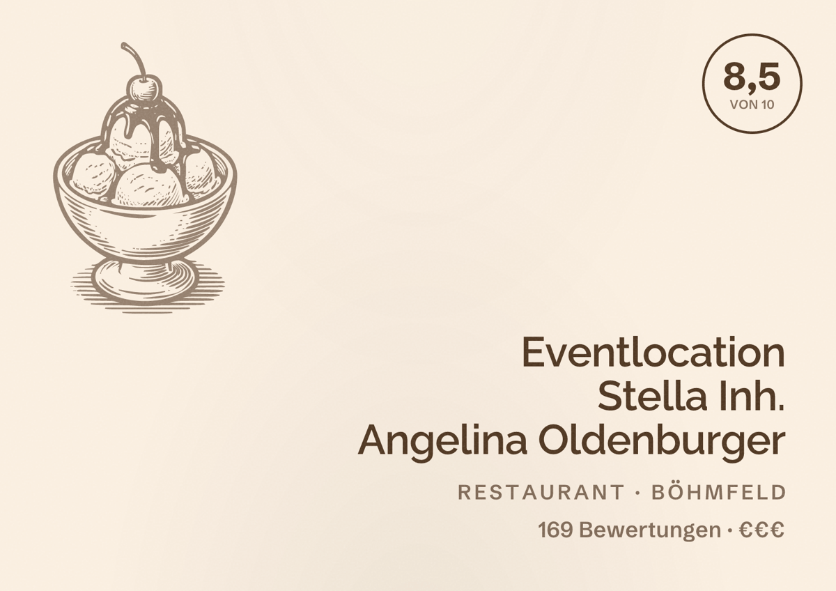 Illustriertes Poster von Eventlocation Stella Inh. Angelina Oldenburger, Restaurant in Böhmfeld: Bewertung 8,5 von 10 aus 169 Bewertungen, Preisniveau €€€
