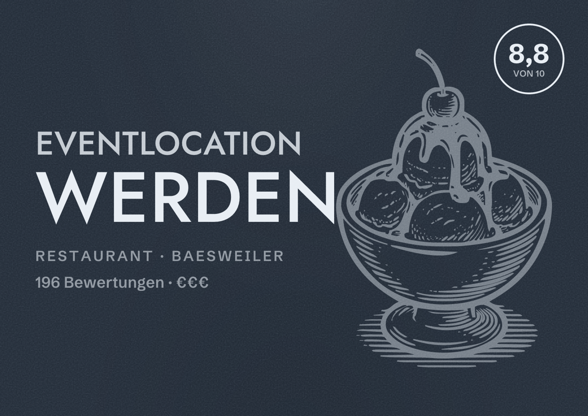 Illustriertes Poster von Eventlocation Werden, Restaurant in Baesweiler: Bewertung 8,8 von 10 aus 196 Bewertungen, Preisniveau €€€