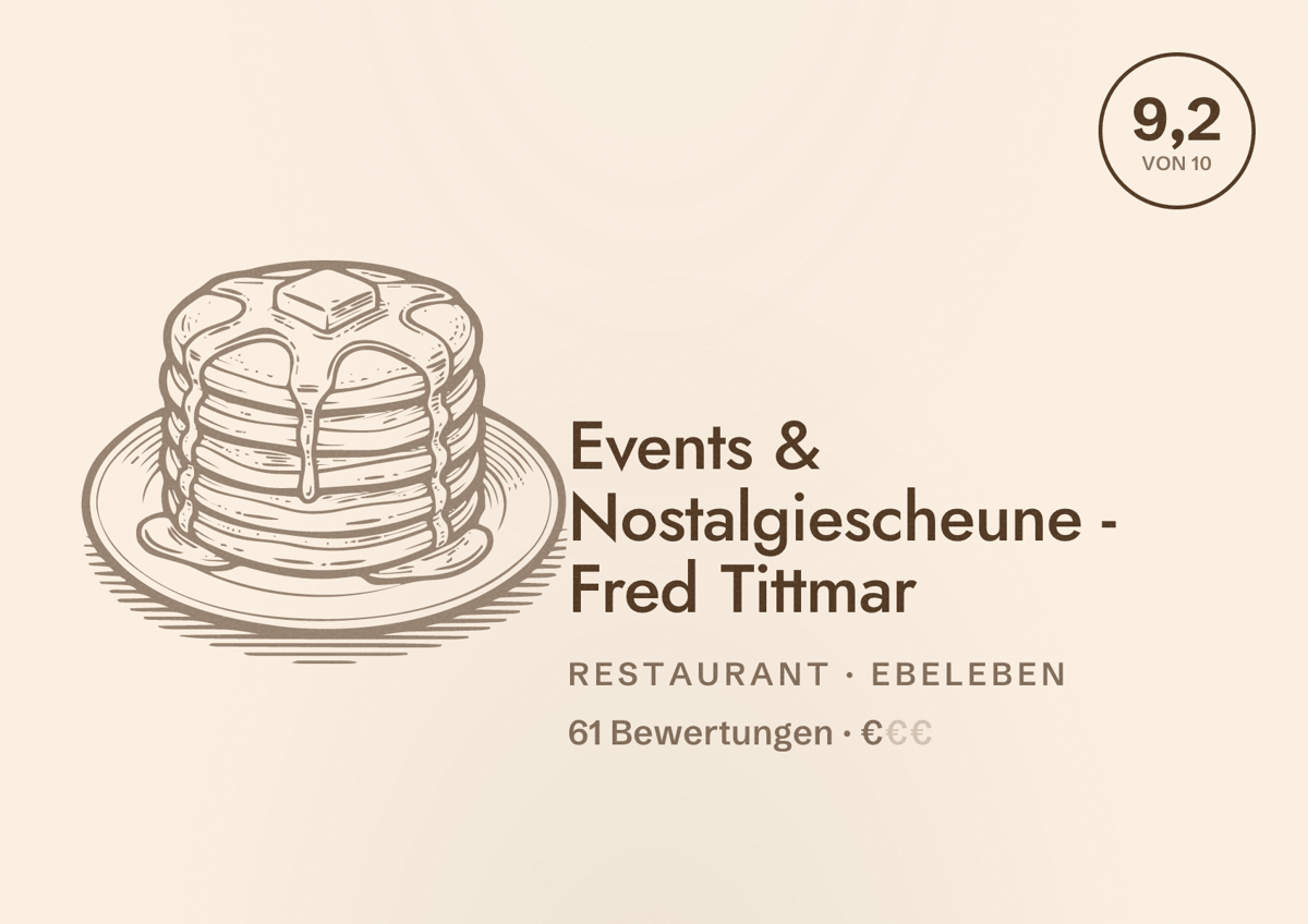 Illustriertes Poster von Events & Nostalgiescheune - Fred Tittmar, Restaurant in Ebeleben: Bewertung 9,2 von 10 aus 61 Bewertungen, Preisniveau €