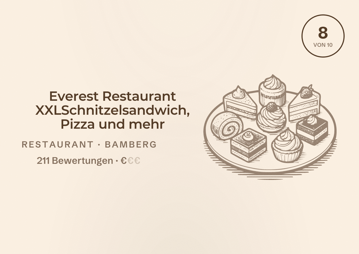 Illustriertes Poster von Everest Restaurant XXLSchnitzelsandwich, Pizza und mehr, Restaurant in Bamberg: Bewertung 8 von 10 aus 211 Bewertungen, Preisniveau €
