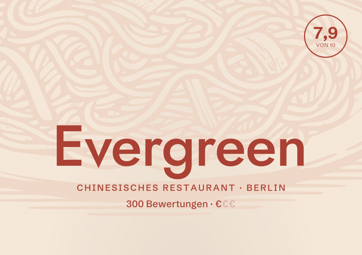 Illustriertes Poster von Evergreen, Chinesisches Restaurant in Berlin: Bewertung 7,9 von 10 aus 300 Bewertungen, Preisniveau €