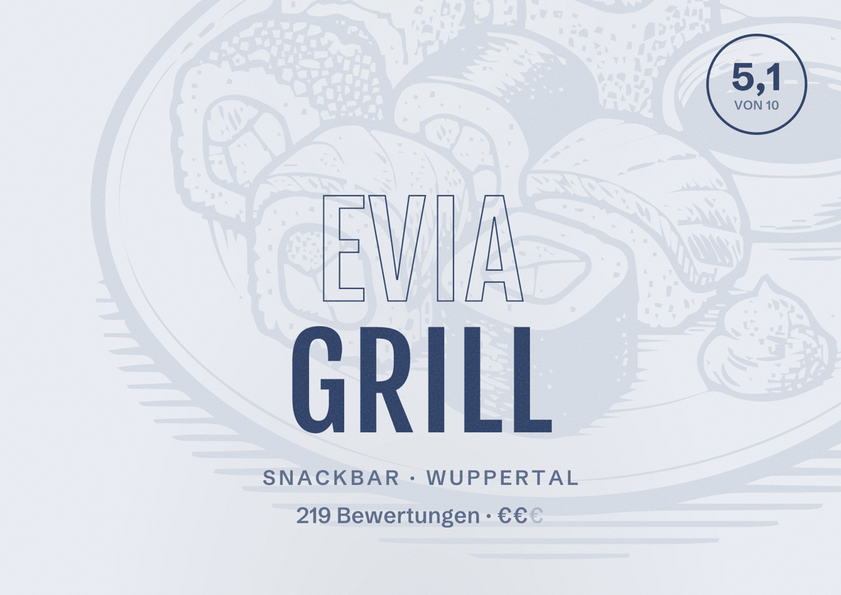 Illustriertes Poster von Evia Grill, Snackbar in Wuppertal: Bewertung 5,1 von 10 aus 219 Bewertungen, Preisniveau €€