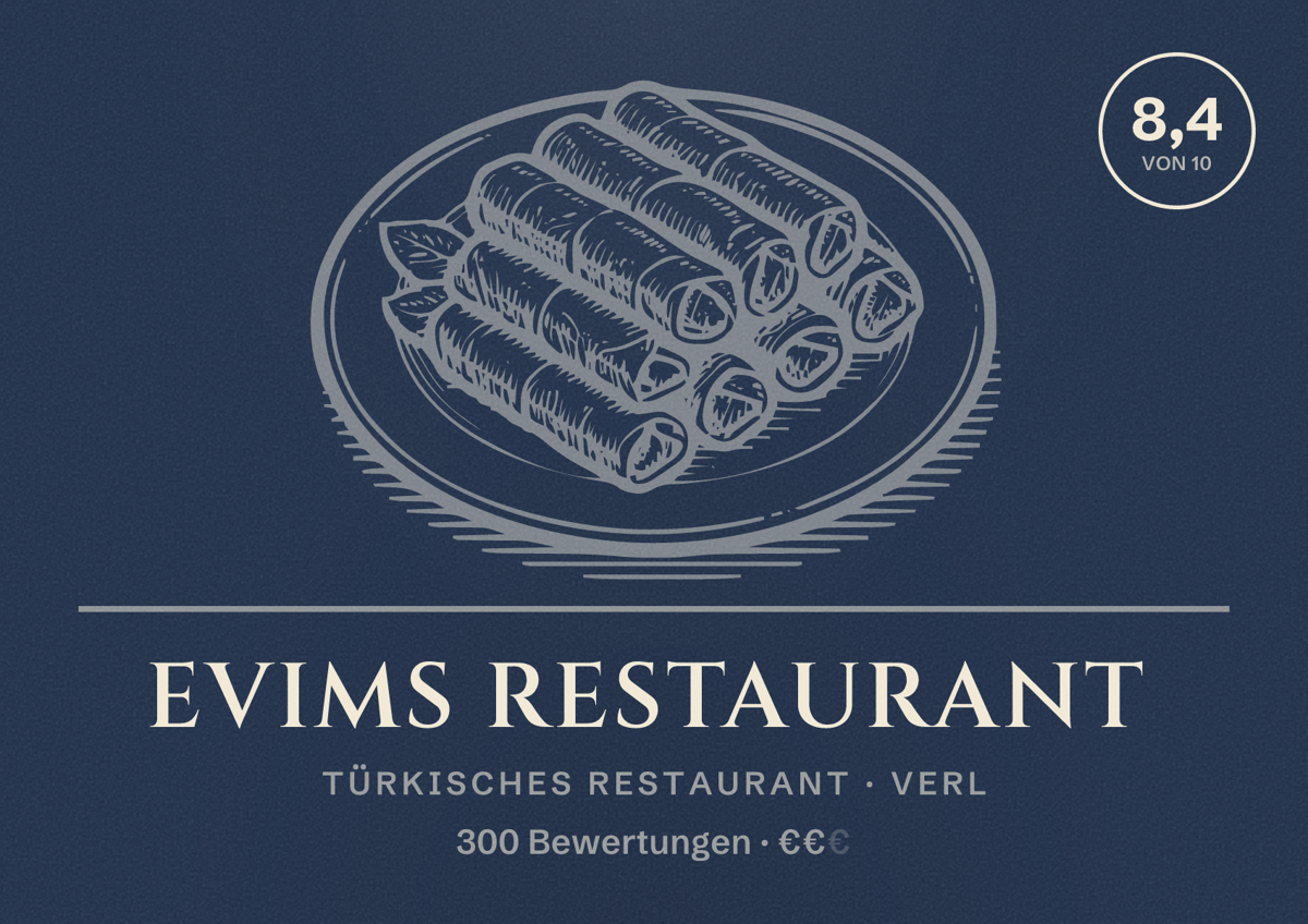 Illustriertes Poster von Evims Restaurant, Türkisches Restaurant in Verl: Bewertung 8,4 von 10 aus 300 Bewertungen, Preisniveau €€