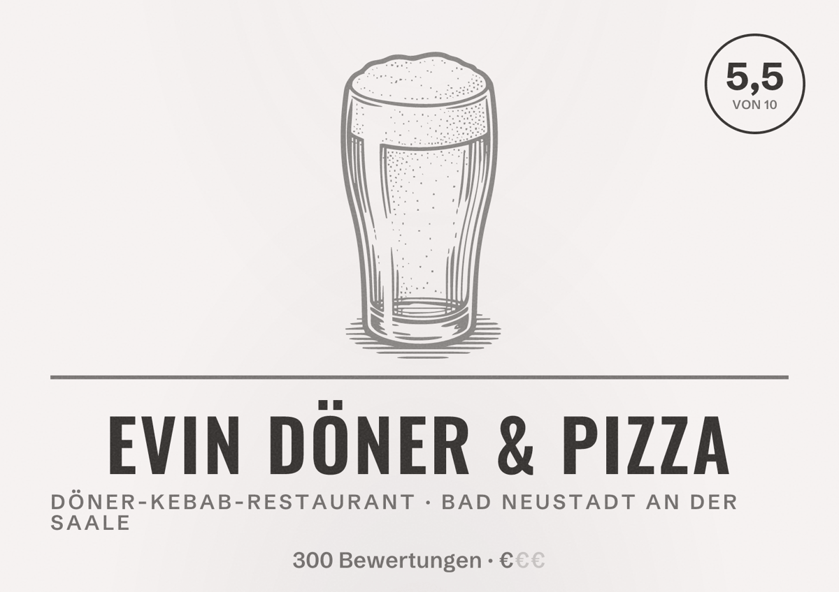 Illustriertes Poster von Evin Döner & Pizza, Döner-Kebab-Restaurant in Bad Neustadt an der Saale: Bewertung 5,5 von 10 aus 300 Bewertungen, Preisniveau €