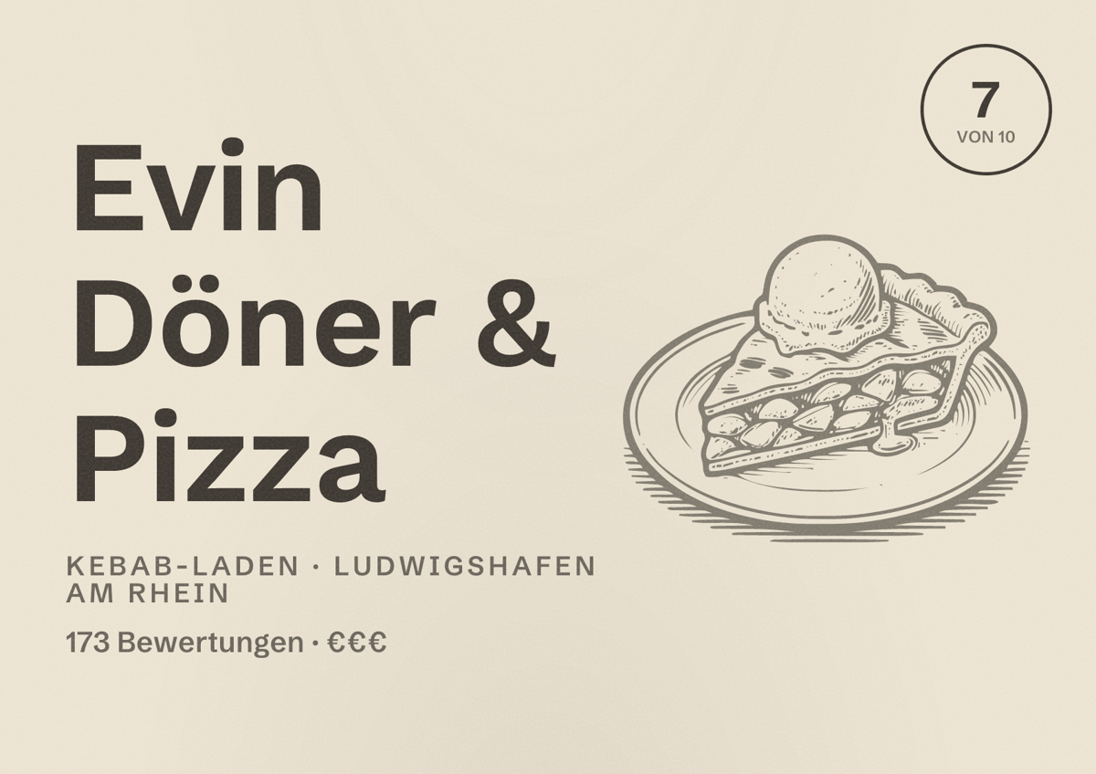 Illustriertes Poster von Evin Döner & Pizza, Kebab-Laden in Ludwigshafen am Rhein: Bewertung 7 von 10 aus 173 Bewertungen, Preisniveau €€€