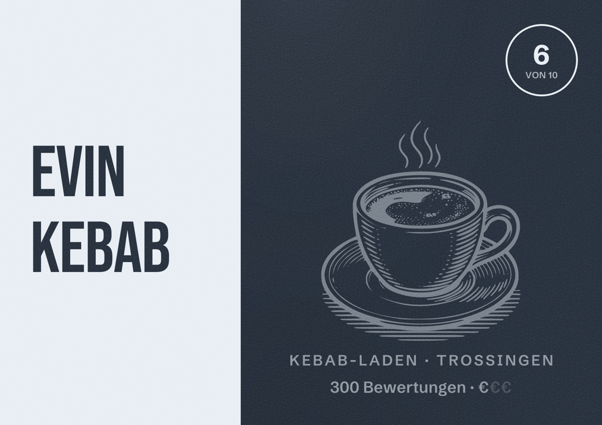 Illustriertes Poster von Evin Kebab, Kebab-Laden in Trossingen: Bewertung 6 von 10 aus 300 Bewertungen, Preisniveau €