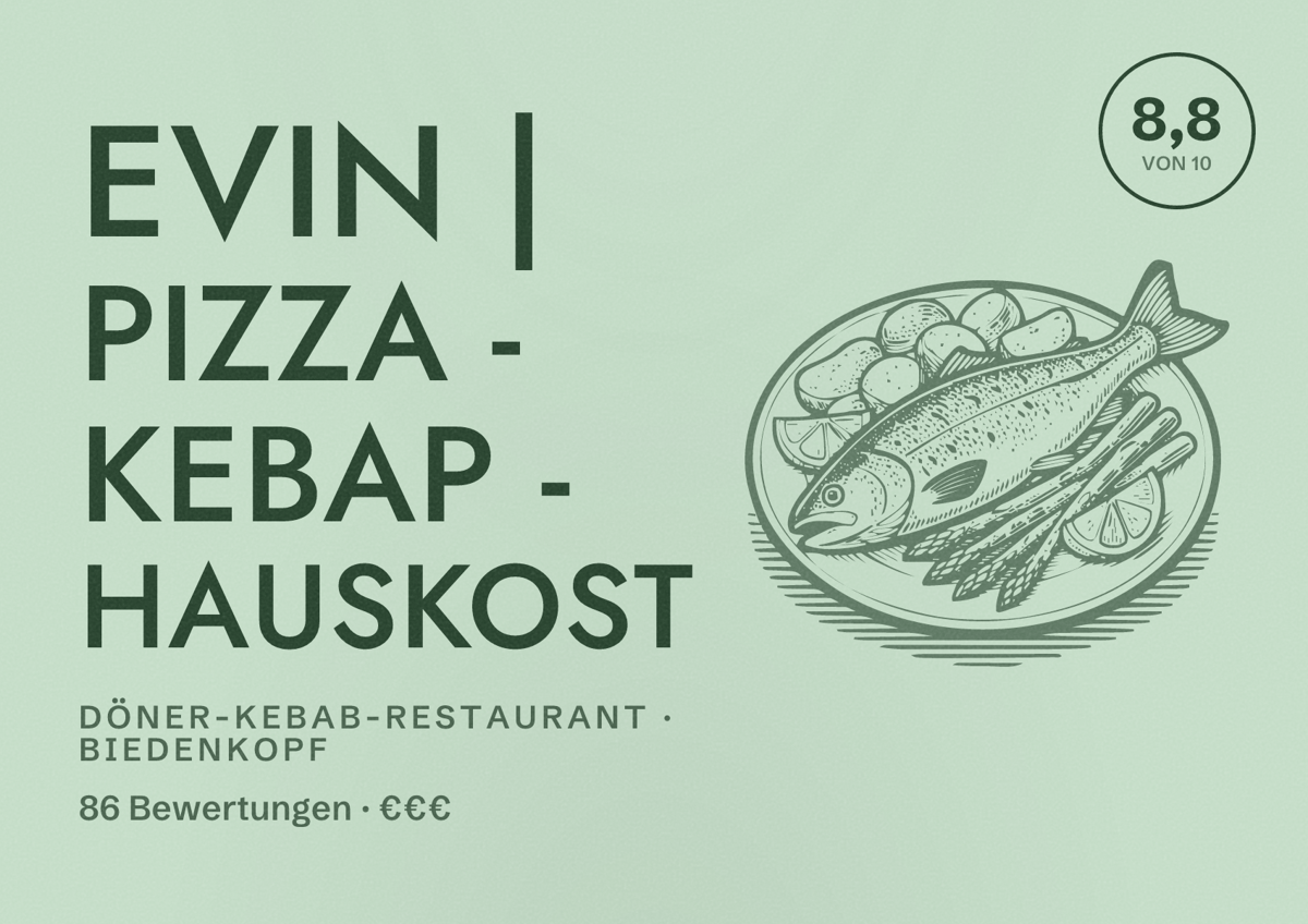 Illustriertes Poster von Evin | Pizza - Kebap - Hauskost, Döner-Kebab-Restaurant in Biedenkopf: Bewertung 8,8 von 10 aus 86 Bewertungen, Preisniveau €€€