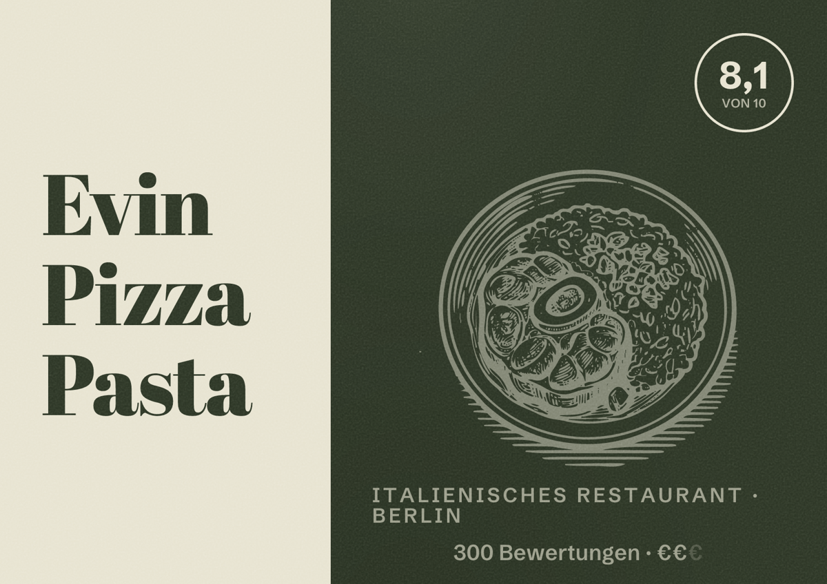 Illustriertes Poster von Evin Pizza Pasta, Italienisches Restaurant in Berlin: Bewertung 8,1 von 10 aus 300 Bewertungen, Preisniveau €€