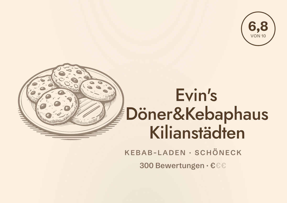 Illustriertes Poster von Evin's Döner&Kebaphaus Kilianstädten, Kebab-Laden in Schöneck: Bewertung 6,8 von 10 aus 300 Bewertungen, Preisniveau €