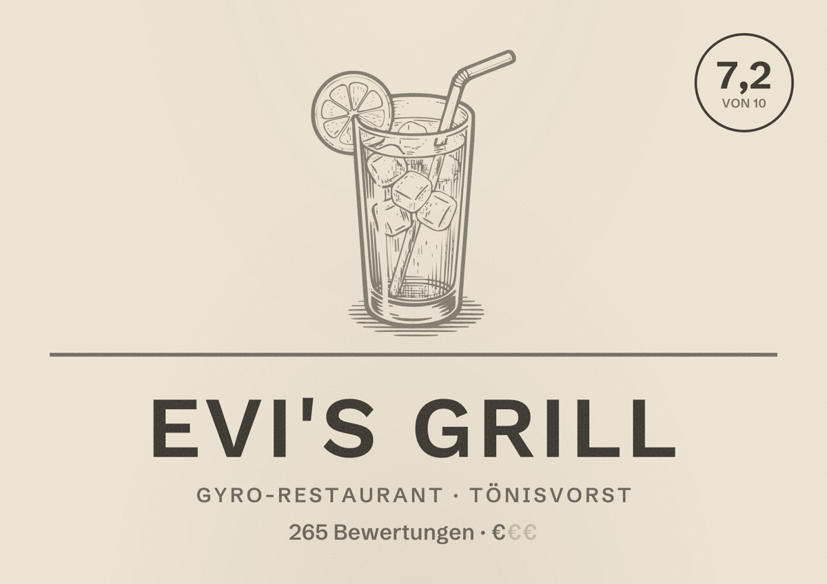 Illustriertes Poster von Evi's Grill, Gyro-Restaurant in Tönisvorst: Bewertung 7,2 von 10 aus 265 Bewertungen, Preisniveau €