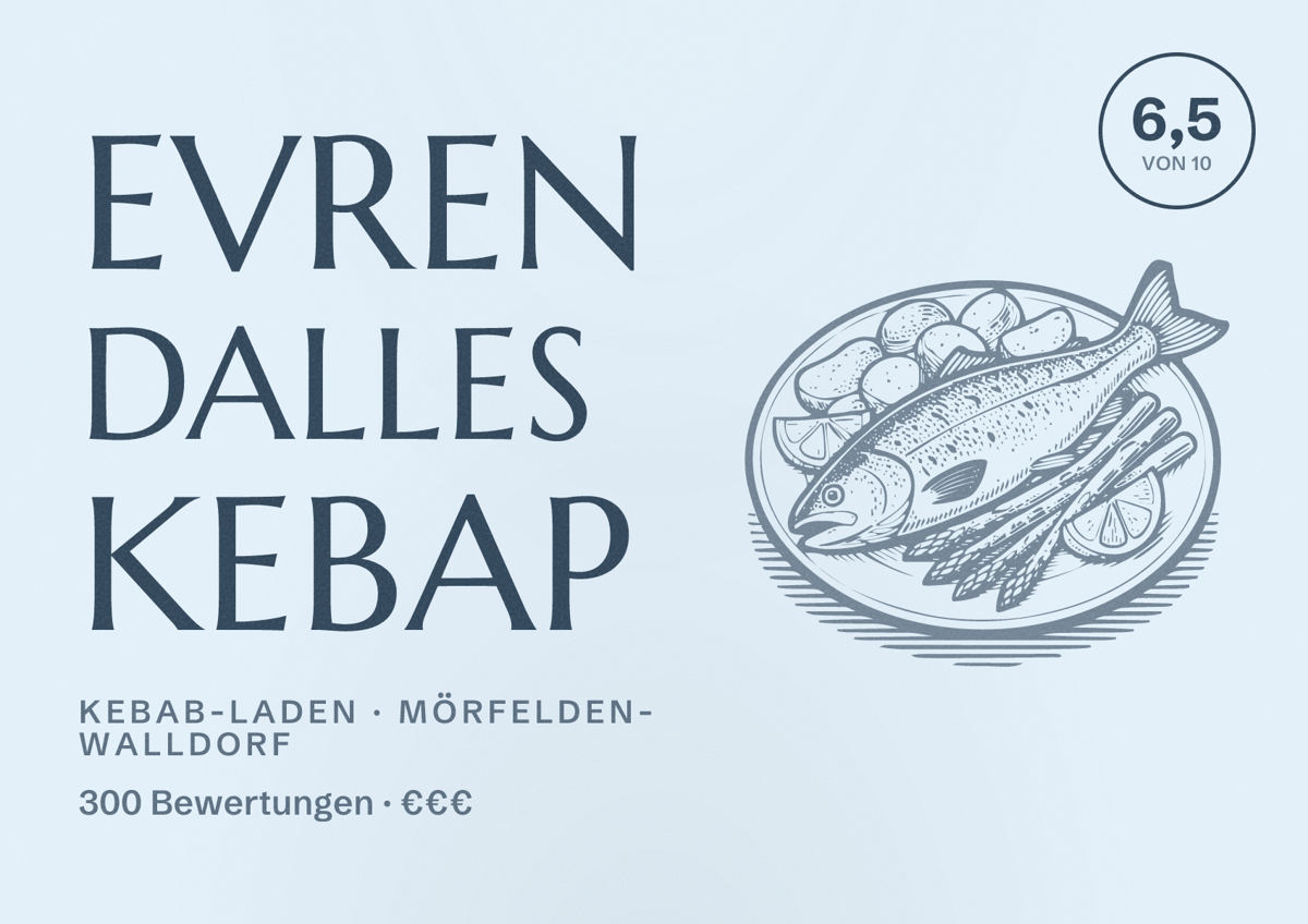 Illustriertes Poster von Evren Dalles Kebap, Kebab-Laden in Mörfelden-Walldorf: Bewertung 6,5 von 10 aus 300 Bewertungen, Preisniveau €€€