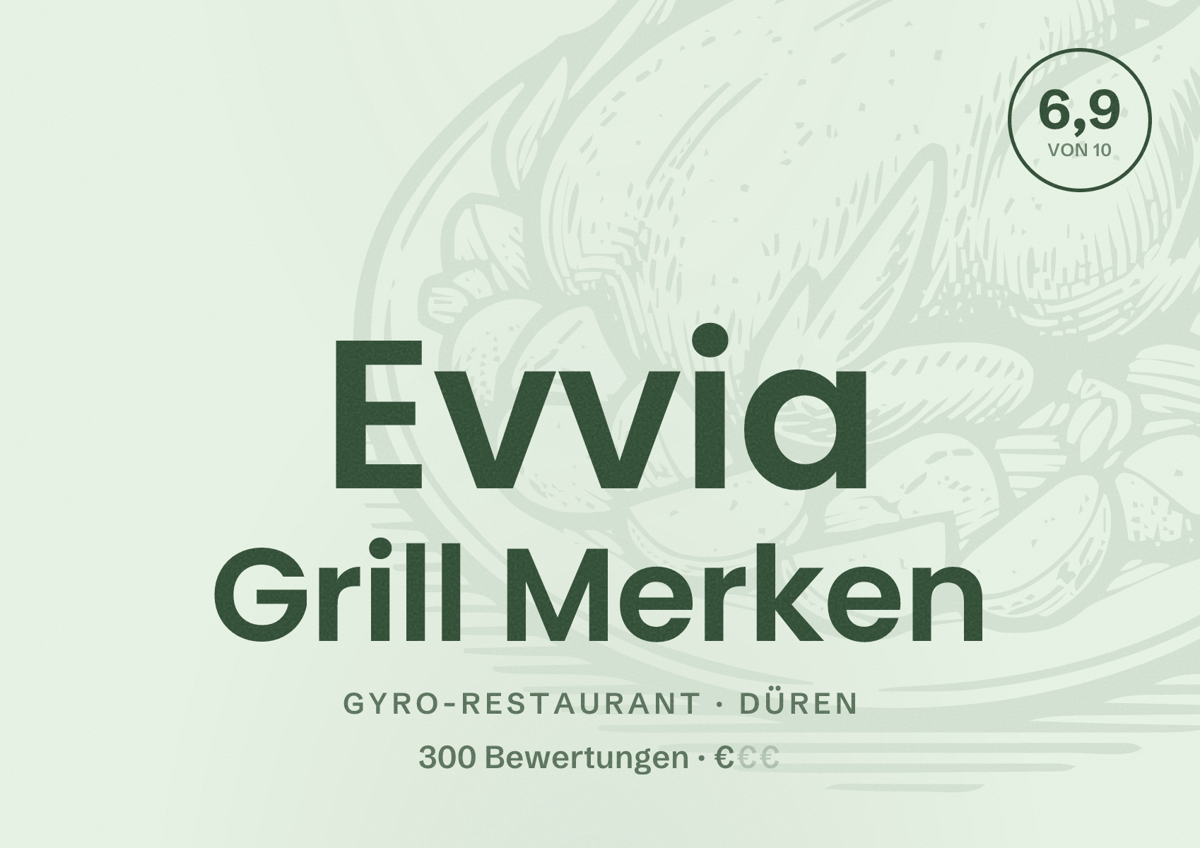 Illustriertes Poster von Evvia Grill Merken, Gyro-Restaurant in Düren: Bewertung 6,9 von 10 aus 300 Bewertungen, Preisniveau €