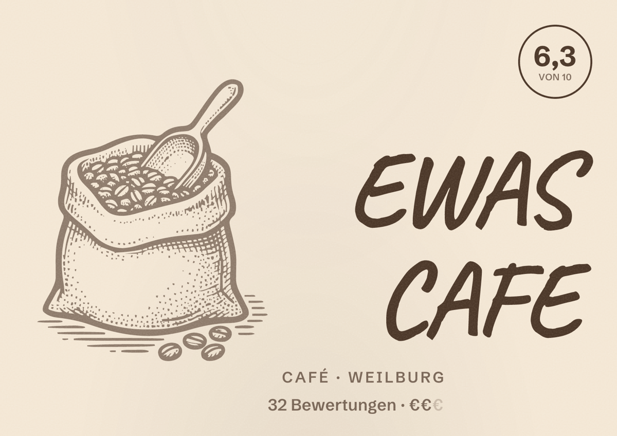 Illustriertes Poster von EWAS CAFE, Café in Weilburg: Bewertung 6,3 von 10 aus 32 Bewertungen, Preisniveau €€