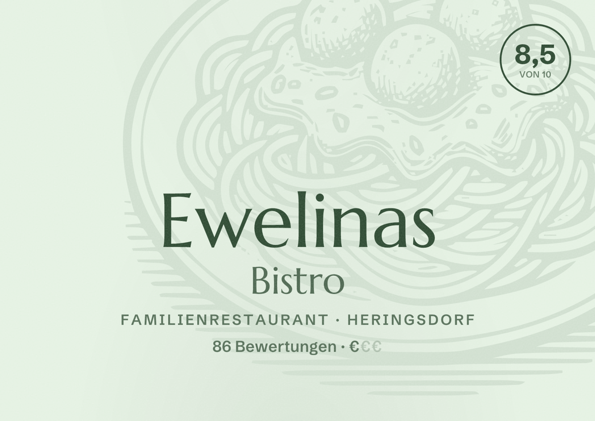 Illustriertes Poster von Ewelinas Bistro, Familienrestaurant in Heringsdorf: Bewertung 8,5 von 10 aus 86 Bewertungen, Preisniveau €
