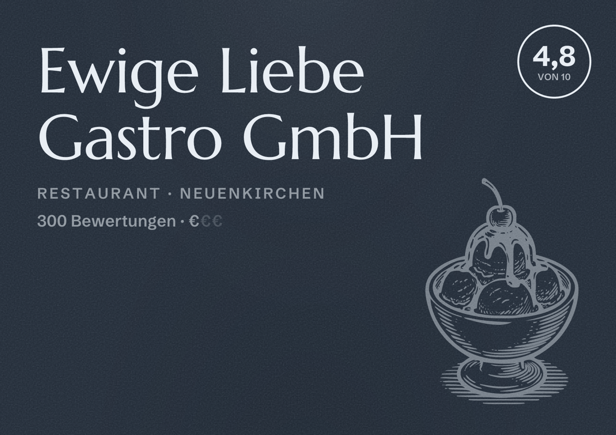 Illustriertes Poster von Ewige Liebe Gastro GmbH, Restaurant in Neuenkirchen: Bewertung 4,8 von 10 aus 300 Bewertungen, Preisniveau €