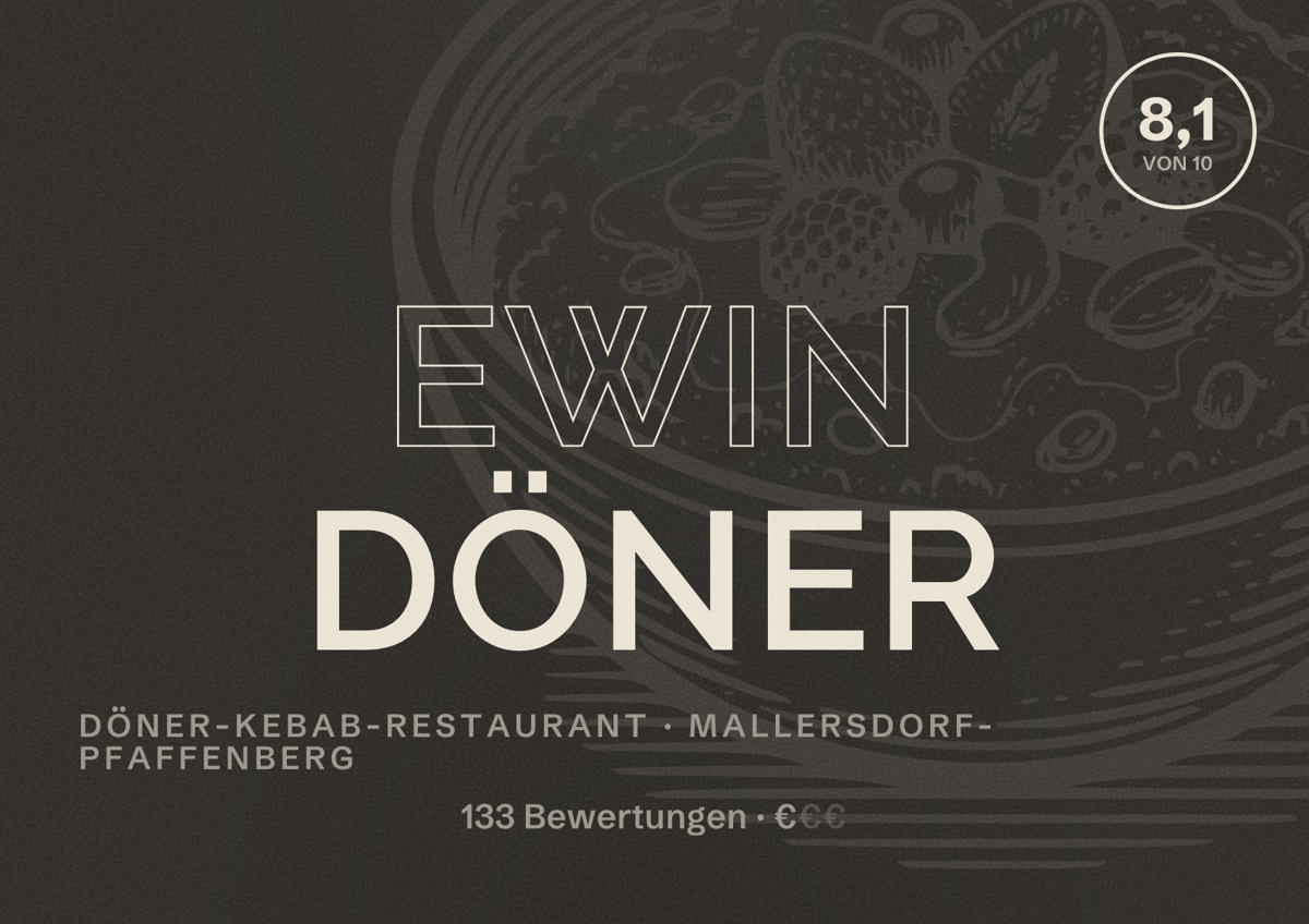 Illustriertes Poster von Ewin Döner, Döner-Kebab-Restaurant in Mallersdorf-Pfaffenberg: Bewertung 8,1 von 10 aus 133 Bewertungen, Preisniveau €