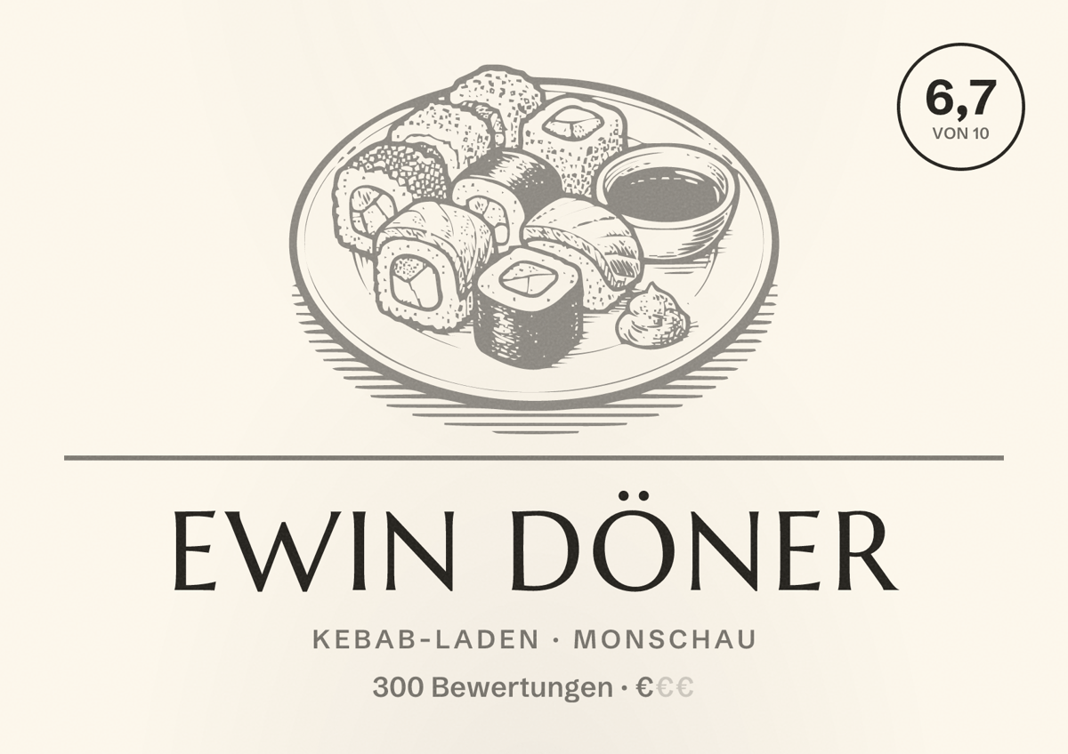 Illustriertes Poster von Ewin Döner, Kebab-Laden in Monschau: Bewertung 6,7 von 10 aus 300 Bewertungen, Preisniveau €
