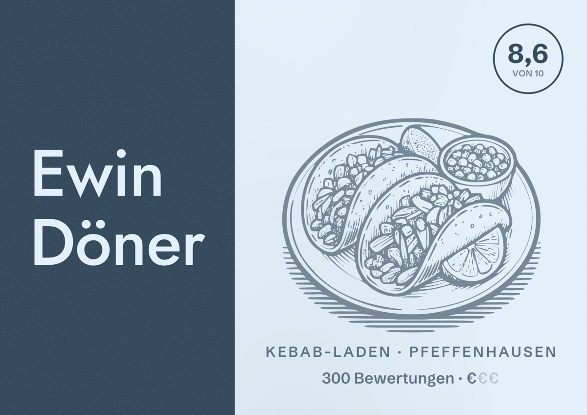 Illustriertes Poster von Ewin Döner, Kebab-Laden in Pfeffenhausen: Bewertung 8,6 von 10 aus 300 Bewertungen, Preisniveau €
