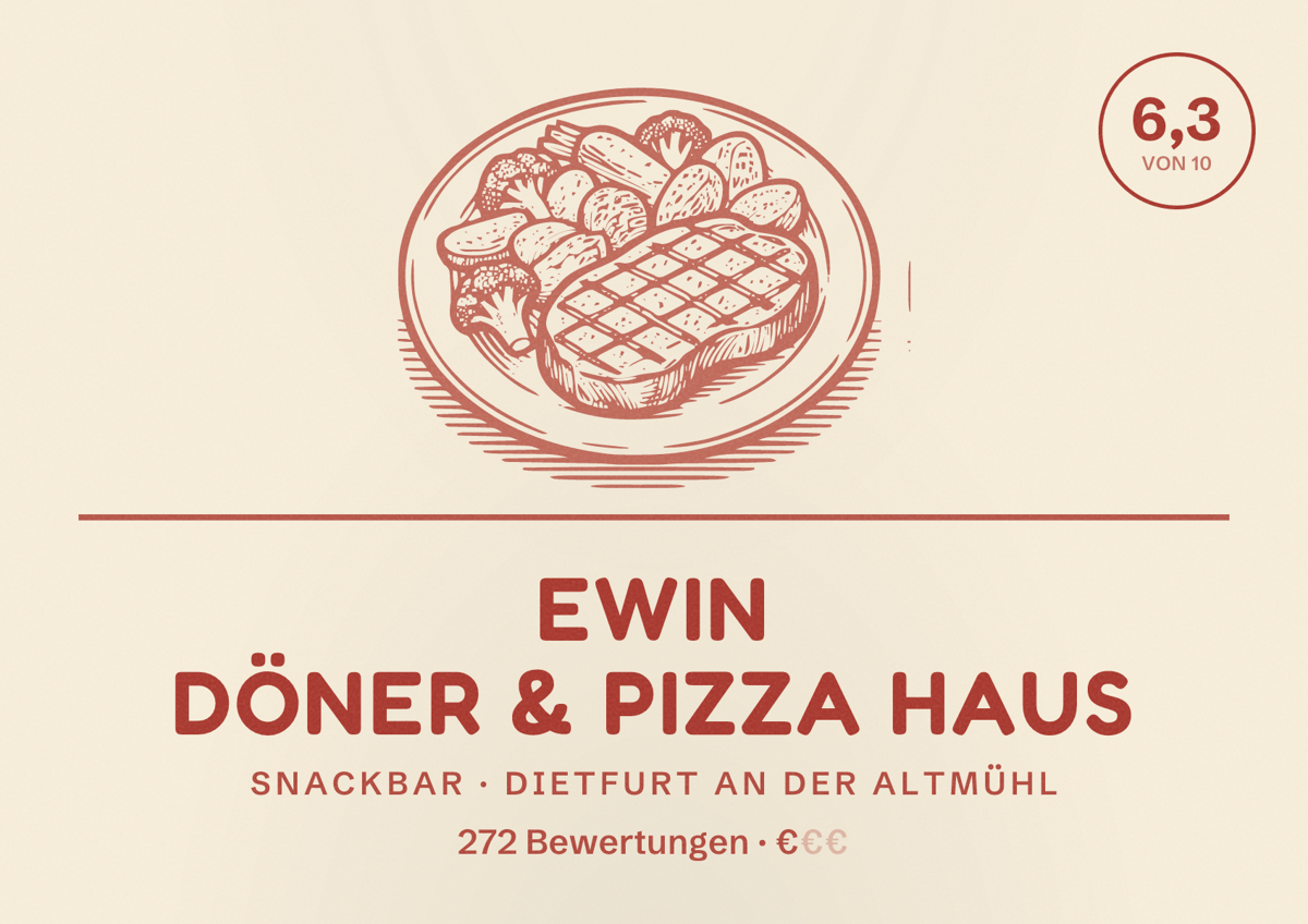 Illustriertes Poster von EWIN Döner & Pizza Haus, Snackbar in Dietfurt an der Altmühl: Bewertung 6,3 von 10 aus 272 Bewertungen, Preisniveau €