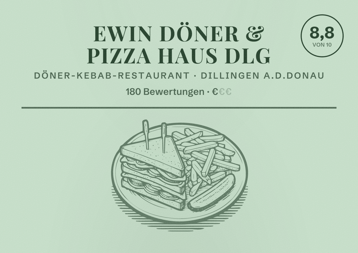 Illustriertes Poster von Ewin Döner & Pizza Haus DLG, Döner-Kebab-Restaurant in Dillingen a.d.Donau: Bewertung 8,8 von 10 aus 180 Bewertungen, Preisniveau €