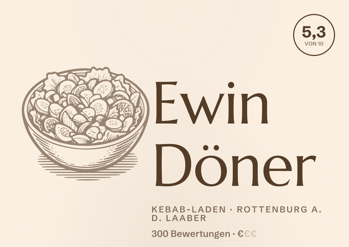 Illustriertes Poster von Ewin Döner, Kebab-Laden in Rottenburg a. d. Laaber: Bewertung 5,3 von 10 aus 300 Bewertungen, Preisniveau €