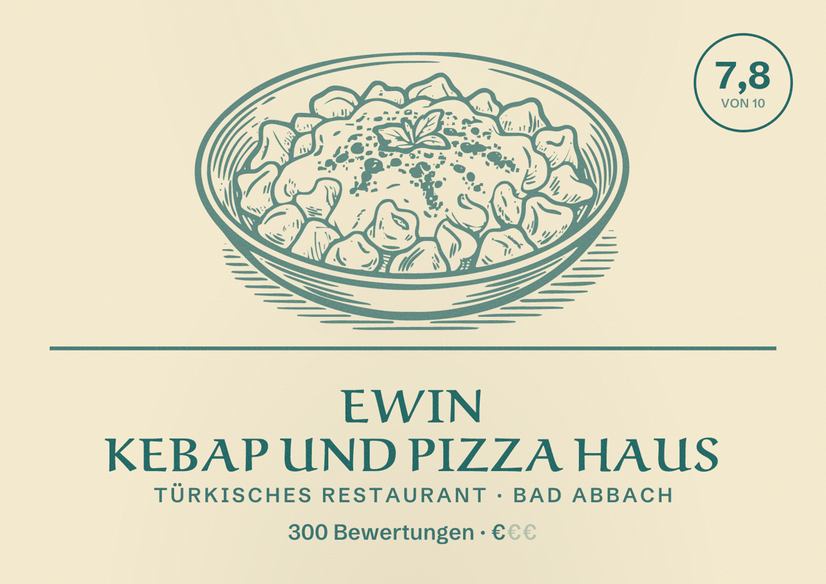 Illustriertes Poster von Ewin Kebap und Pizza Haus, Türkisches Restaurant in Bad Abbach: Bewertung 7,8 von 10 aus 300 Bewertungen, Preisniveau €