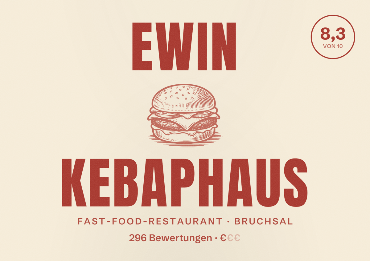 Illustriertes Poster von Ewin Kebaphaus, Fast-Food-Restaurant in Bruchsal: Bewertung 8,3 von 10 aus 296 Bewertungen, Preisniveau €