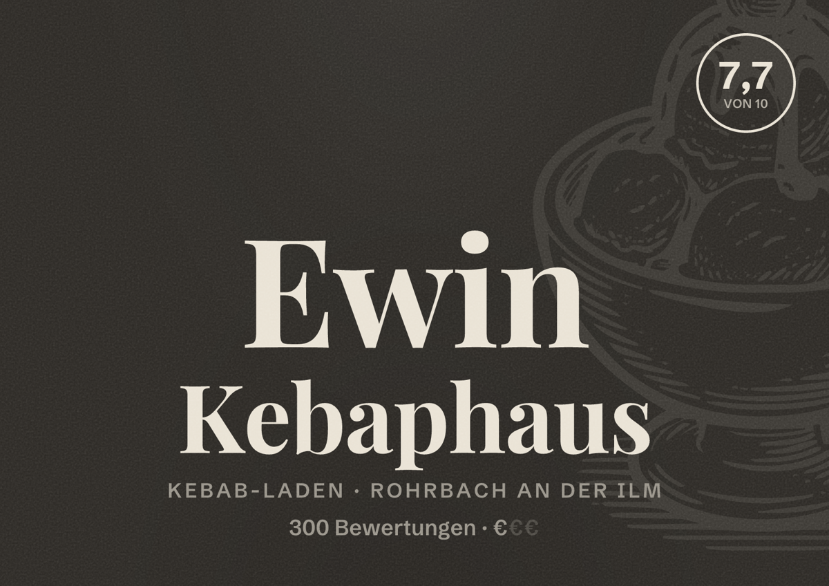 Illustriertes Poster von Ewin Kebaphaus, Kebab-Laden in Rohrbach an der Ilm: Bewertung 7,7 von 10 aus 300 Bewertungen, Preisniveau €