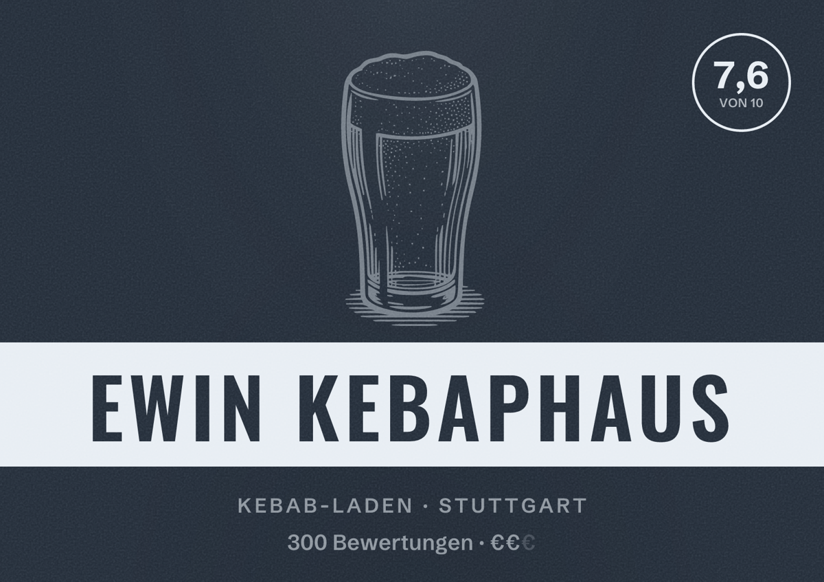 Illustriertes Poster von Ewin Kebaphaus, Kebab-Laden in Stuttgart: Bewertung 7,6 von 10 aus 300 Bewertungen, Preisniveau €€
